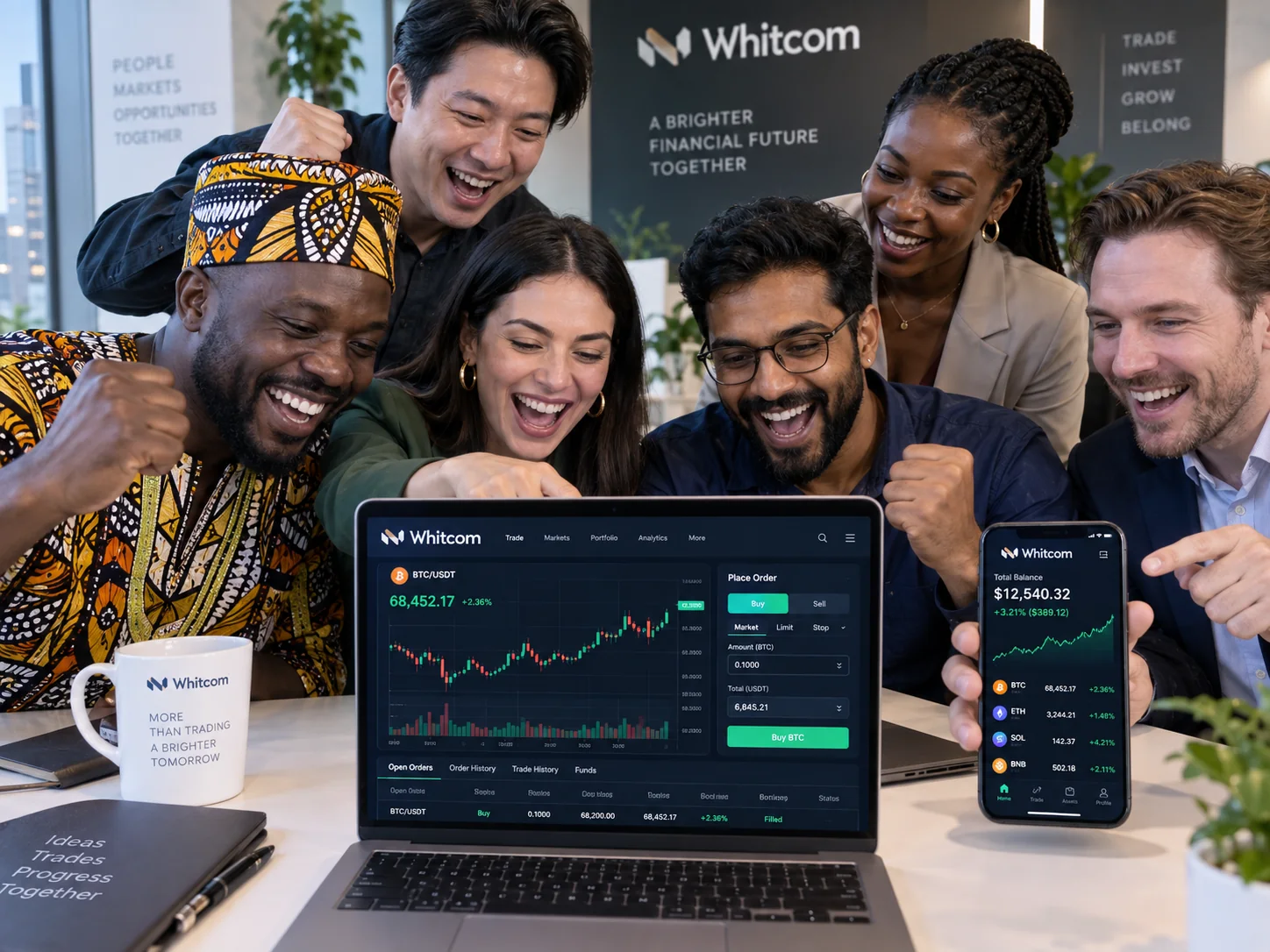 A diverse global community viewing Whitcom markets on laptop and mobile